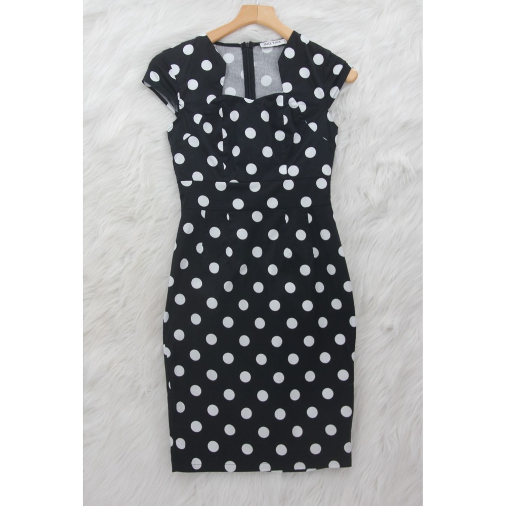Grace Karin Black White Polka Dot Bodycon Dress XS Rockabilly Pin Up Sheath
